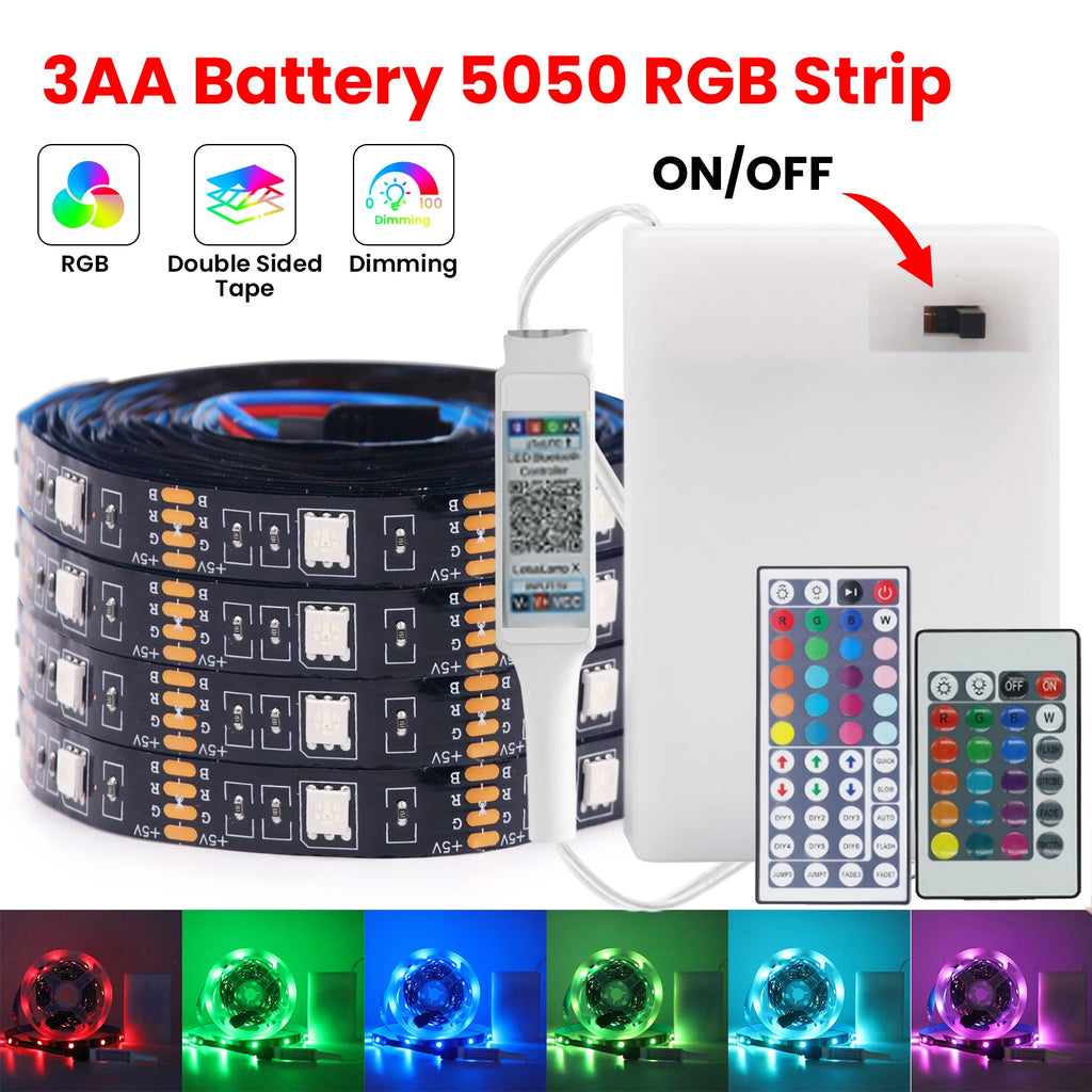 5V LED Strip Lights RGB 5050 3AA Battery Powered Flexible LED Light Strip with Remote Control for TV Backlight Bars Cabinets