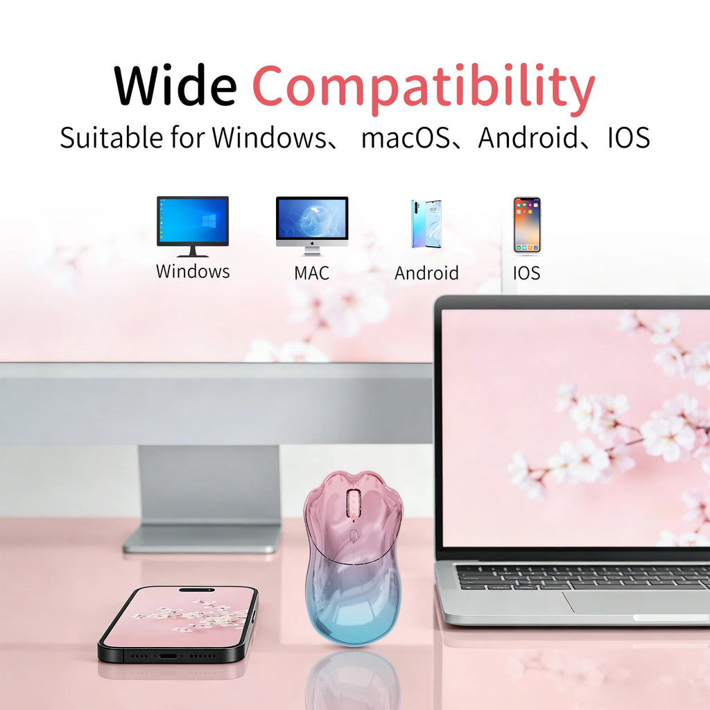 SayRose MO‑76 Cute Cat Paw Wireless Mouse 2.4G Bluetooth 5.0 Dual Mode 4‑Level DPI 800‑3200 Rechargeable Type‑C Mice for Laptop PC Mac Office Girl Gift