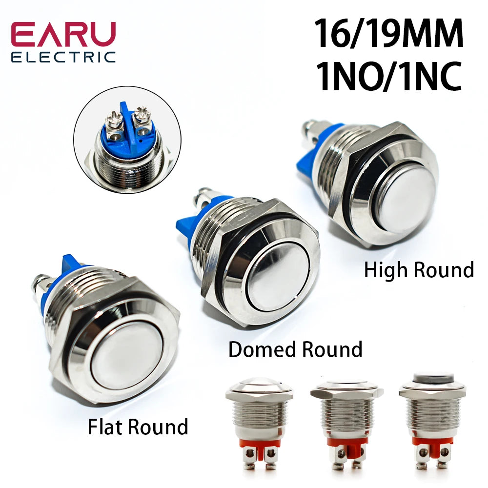 16/19mm 1NO 1NC Flat Head Waterproof Momentary Reset Metal Push Button Switch Screw Terminal Car Engine Doorbell PC Power Switch