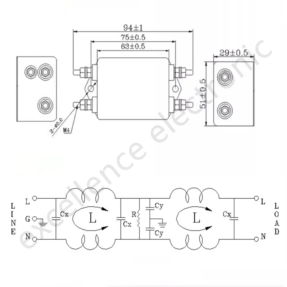 CW4L2-10A-S CW4L2-20A-S Double-stage Bolttype Power Filter Single-Phase AC EMI Filter 220VAC AC 115V-250V Hole Distance 75.0MM