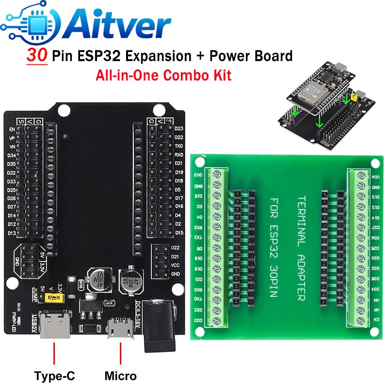 ESP32 30PIN Expansion Board + Power Board Combo Kit 3.3V 5V Breakout Module for Arduino ESP32 Development