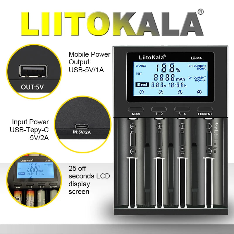 LiitoKala for 18650/26650/AA/AAA Li-ion/Ni-MH LCD Display Safe Fast Charging Lii-M4/M4S 4-Slot Smart Charger