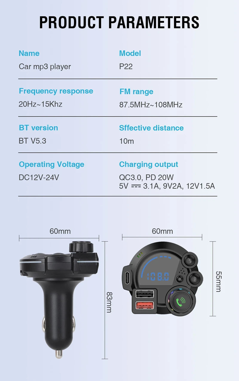 MP3 Music Player Car Bluetooth 5.3 FM Transmitter Wireless QC3.0& PD 20W Dual Fast Charging Car Adapter