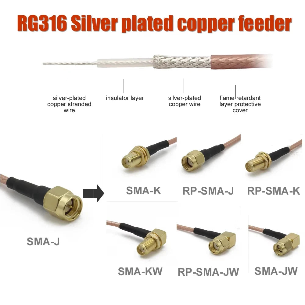 RG316 SMA to SMA / RP-SMA RF Coaxial Cable Male Plug Female Jack Connector Jumper Pigtail Antenna Extension Wire WiFi FPV Radio