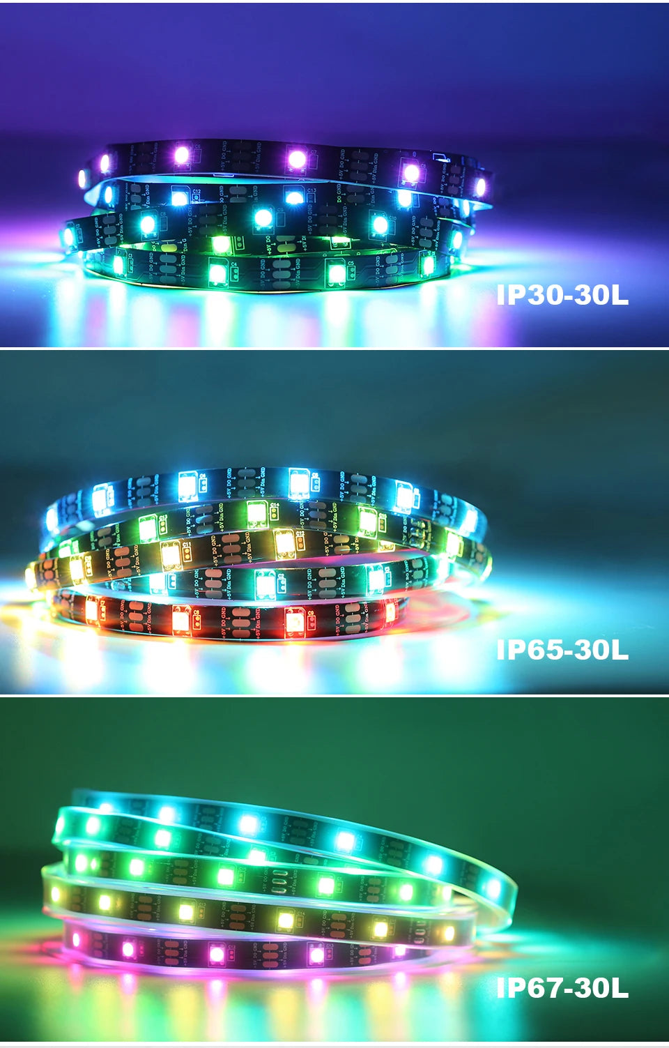 WS2812B Led Lights DC5V Smart RGB Led Strip Light Individually Addressable IC Magic Strip Light Black White PCB IP30/IP65/IP67