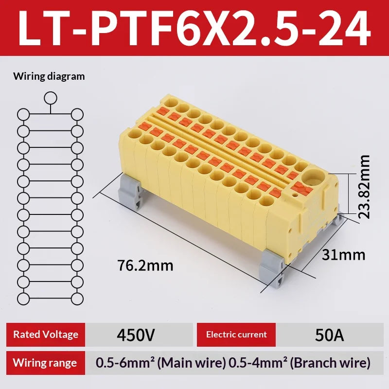Push-in Terminal Block PTF6X2.5mm One in Multiple Out Splitter Spliceable Wire Connectors DIN Rail Junction Box Electrical Joint