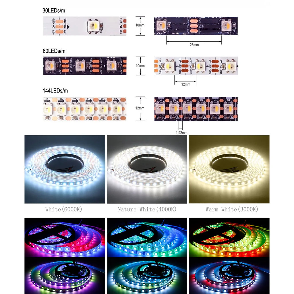 4 IN 1 SK6812 RGBW RGBNW RGBWW LED Strip (WS2812B Similar) Smart Color Soft LED Lights Lamp 30/60/144 LEDs/m Addressable Light 5