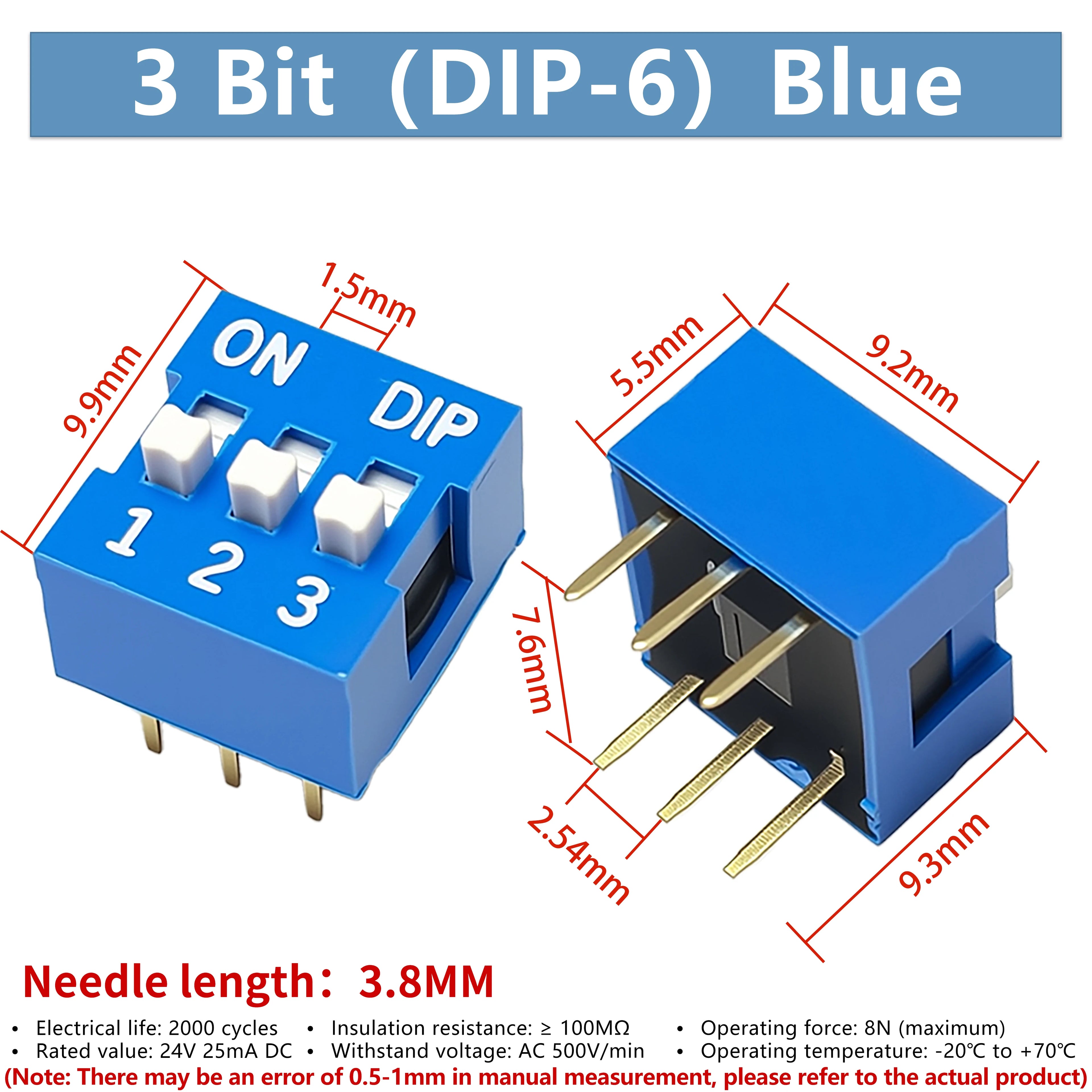 DSWB03LHGETB 2.54mm spacing 3-position direct insertion DIP/flat toggle switch blue 10