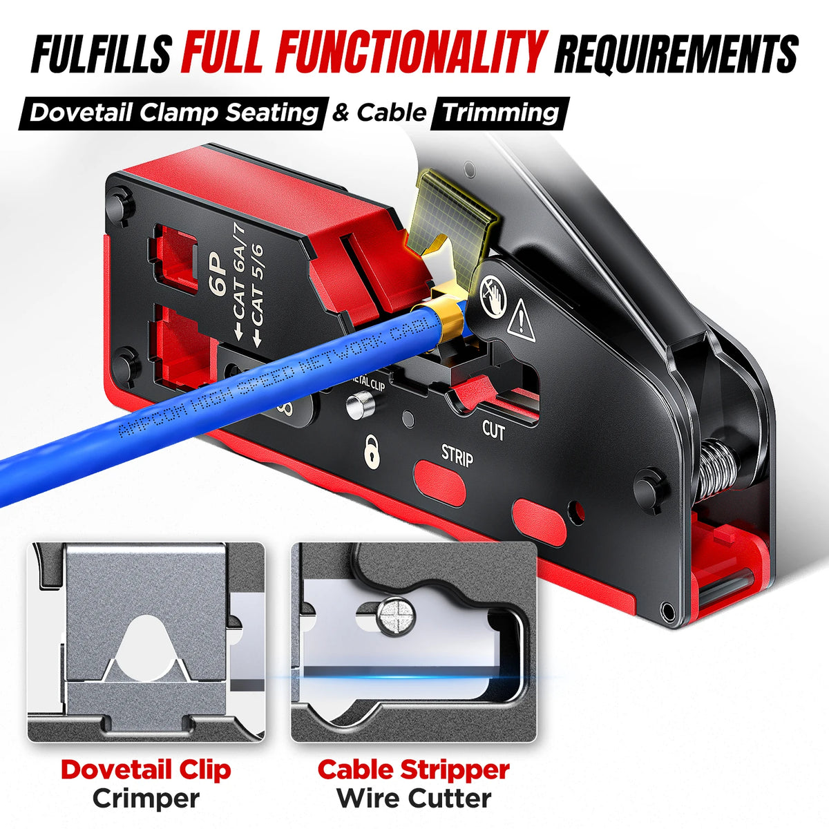 AMPCOM rj45 Crimper CAT7 Crimping Tool for Pass Through RJ11 RJ 45 Connector CAT6 CAT5E Modular Plugs With Wire Stripper Cutter