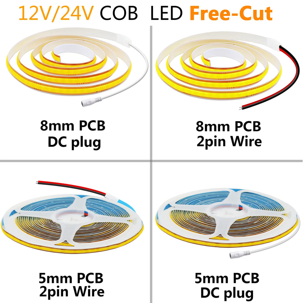 5mm 8mm PCB COB LED Light Strip Free Cut 12V 24V With 2PIN Wire DC Plug 400LEDs/m 3000k 4000k 6000k Flex Lamp 0.5m 1m 5m 10m 20m