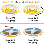 5mm 8mm PCB COB LED Light Strip Free Cut 12V 24V With 2PIN Wire DC Plug 400LEDs/m 3000k 4000k 6000k Flex Lamp 0.5m 1m 5m 10m 20m