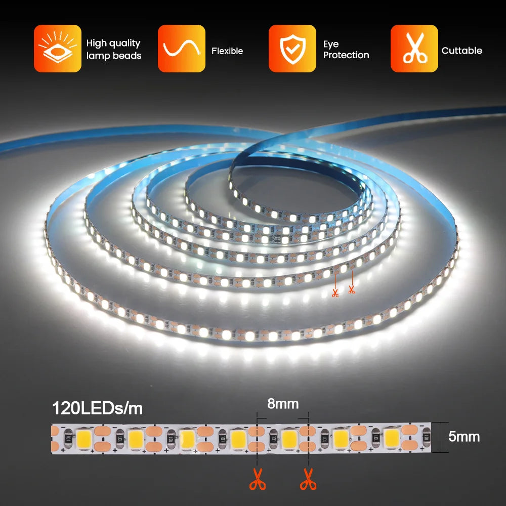5V 2835 LED Strip Light Ultra Thin 3mm 5mm PCB 1 LED Cut 2835 120LEDs/m 8mm Flexible Tape IP21 Not Waterproof Warm Natural White
