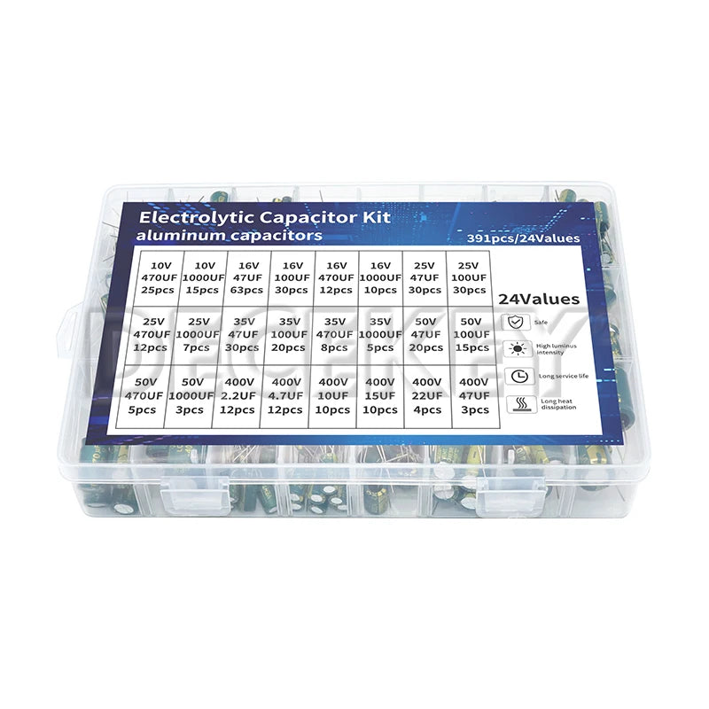 391pcs High Frequency Electrolytic Capacitor Kit 24 Values 10V 16V 25V 35V 50V 400V for TV LCD Monitor Game