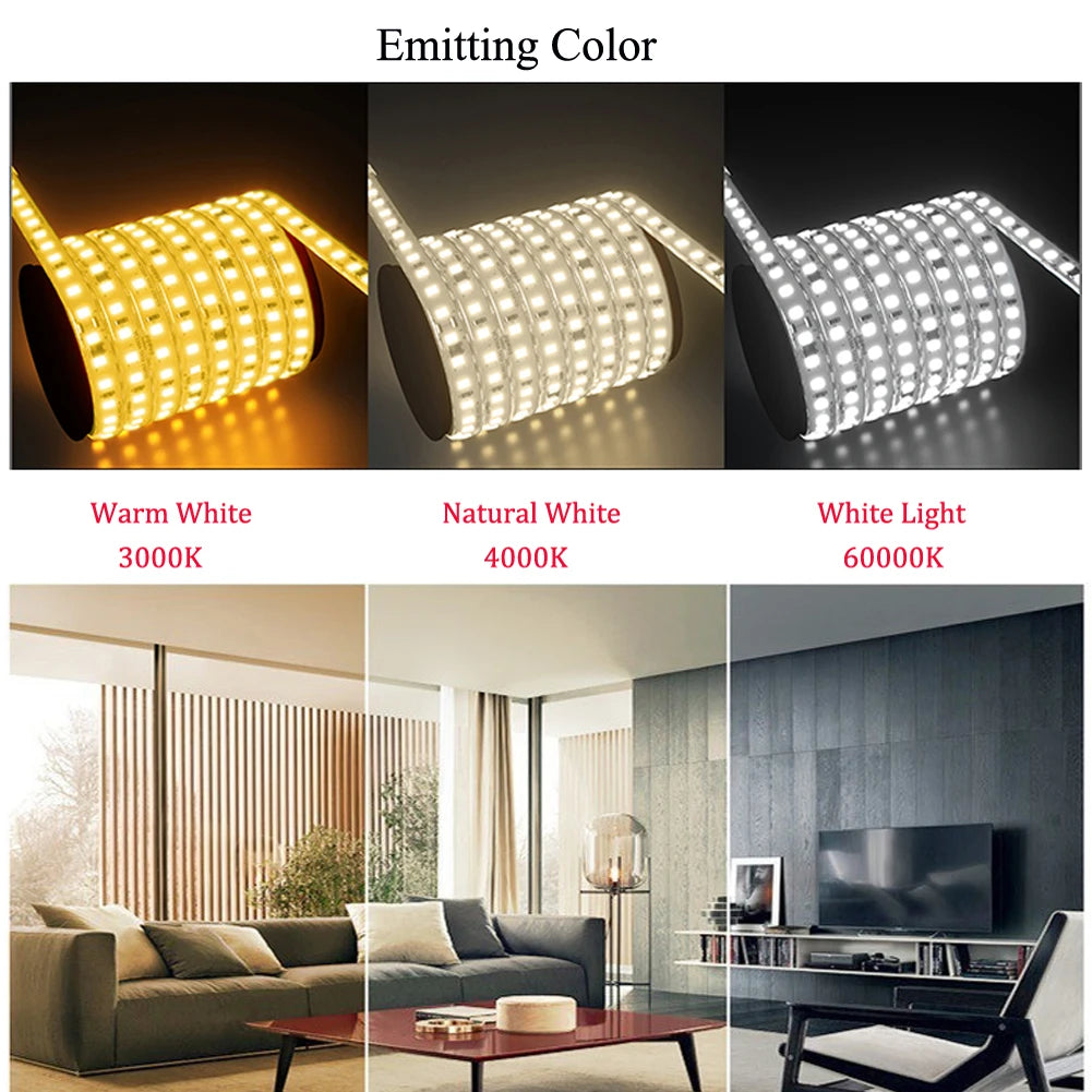 120LED/m LED Strip Light 220v Flexible&10cm Cuttable Soft Lamp Bar 2835 Tape Adhesive EU Plug Vanity Cabinet Wardrobe Home Decor