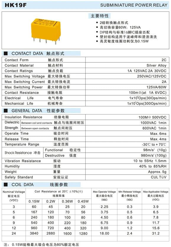 Relay HK19F-DC3V-SHG HK19F-DC5V-SHG HK19F-DC12V-SHG HK19F-DC12V-SHG HK19F-DC24V-SHG HK19F 3V 5V 9V 12V 24V 8PIN