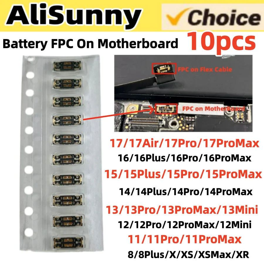 10pcs Battery FPC Flex Cable Connector On Board For iPhone 17 Air 16Plus 15ProMax 14 13 12 11 Pro Max X XR 8 XS Clip Plug