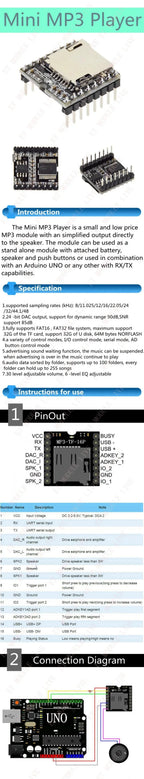 Multi-Interface MP3 Decoder Module (DFPlayer Mini) - Supports TF Card, USB Drive, and Arduino AD/IO Control