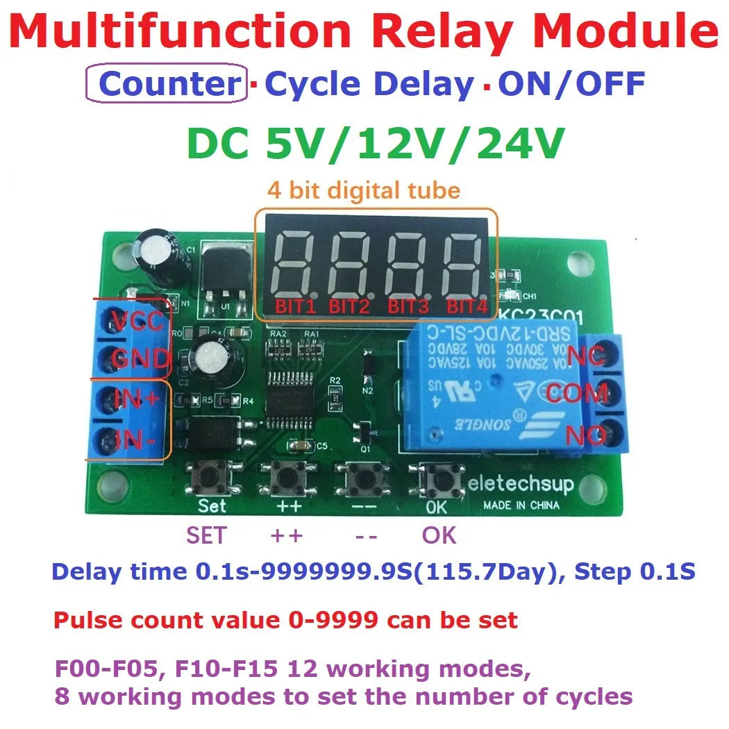 KC23C01 Timer Delay On/Off Relay Module DC 5V 12V 24V 1-Channel Multifunction Pulse Counter Switch Adjustable Relay Module