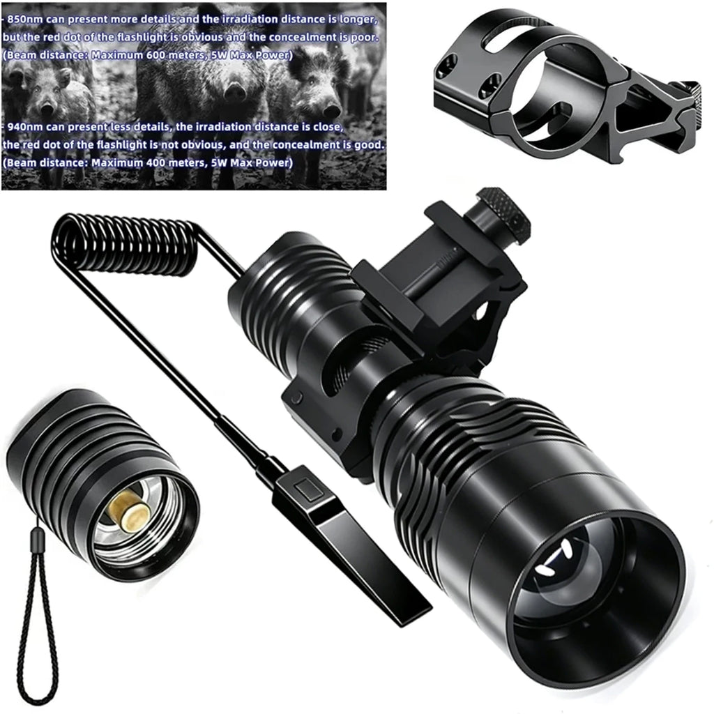 IR Hunting Flashlight 10W Infrared Radiation IR 850nm/940nm Torch Night Vision Zoomable Focus Lantern+18650+Charger+Switch+Mount