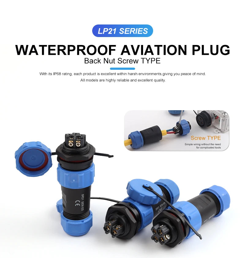 LP/SP21 IP68 Back Nut Screw crimp Panel Mount Connector Outdoor Waterproof 2/3/4/5/6/7 Pin Welding Free Male Plug Female Socket