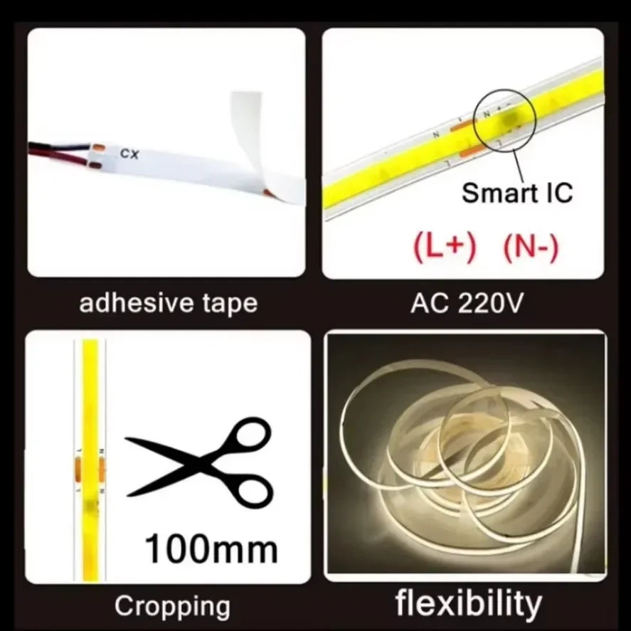 1-5m COB LED Strip 220V Flexible Tape Lights  Light Smart IC No Need Driver High Bright 240 LEDs Linear Lighting RA95 Warm White