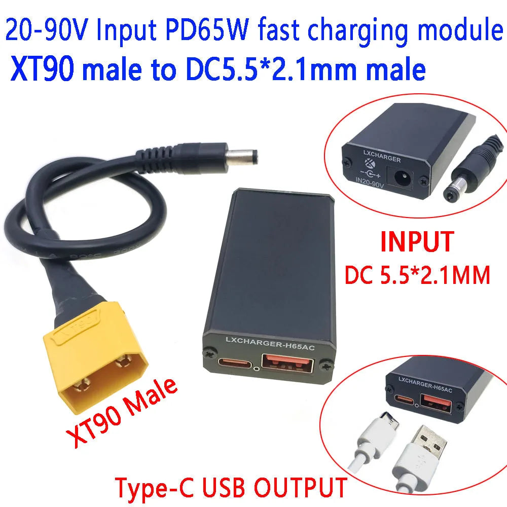 XT60 XT90 EC5 To 5V Connector DC20-90V Step Down Module PD65W PD/QC3.0 QC2.0 Double USB Type-C Mobile Phone Quick Charge Adapter