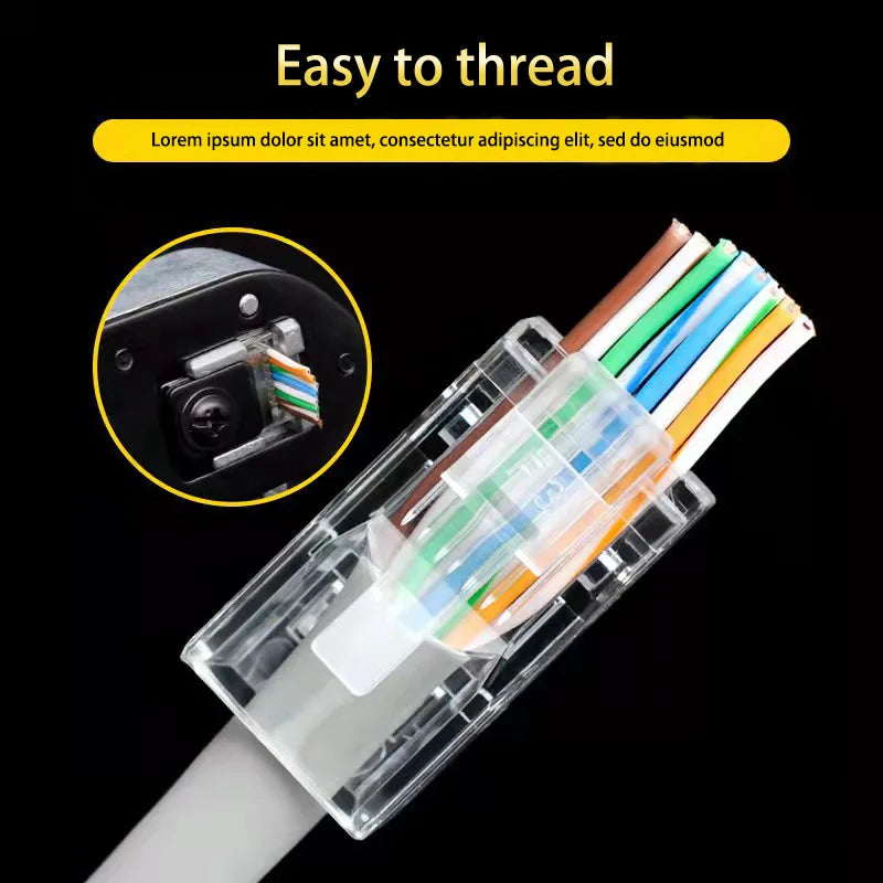 100pcs RJ45 CAT6 CAT5e Pass Through Connector Plug Crystal End Gold-Plated 8P8C Crimp UTP Standard Ethernet Network Modular Plug