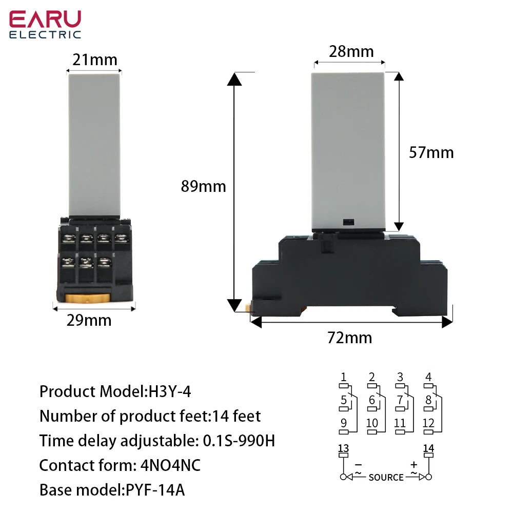 EARU Digital Time Relay 0.1s-990h Multi-Mode Power On Off Delay Cycle Timer AC DC 24-240V 2NO2NC with Base Socket