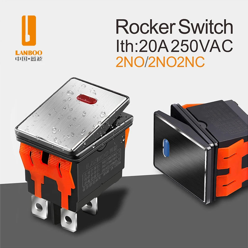 LANBOO High-End Quality Latching  Rocker Switch 20A 16Amp Current Push Button 2no2nc with LED 3-8V/9-24V/220V