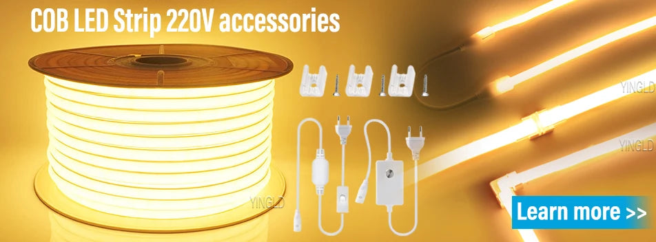 1M-50M 220V COB LED Strip Dimmable 360LEDs/m EU Plug Kitchen Home Room Decoration Flexible Ribbon for Outdoor Garden Lighting