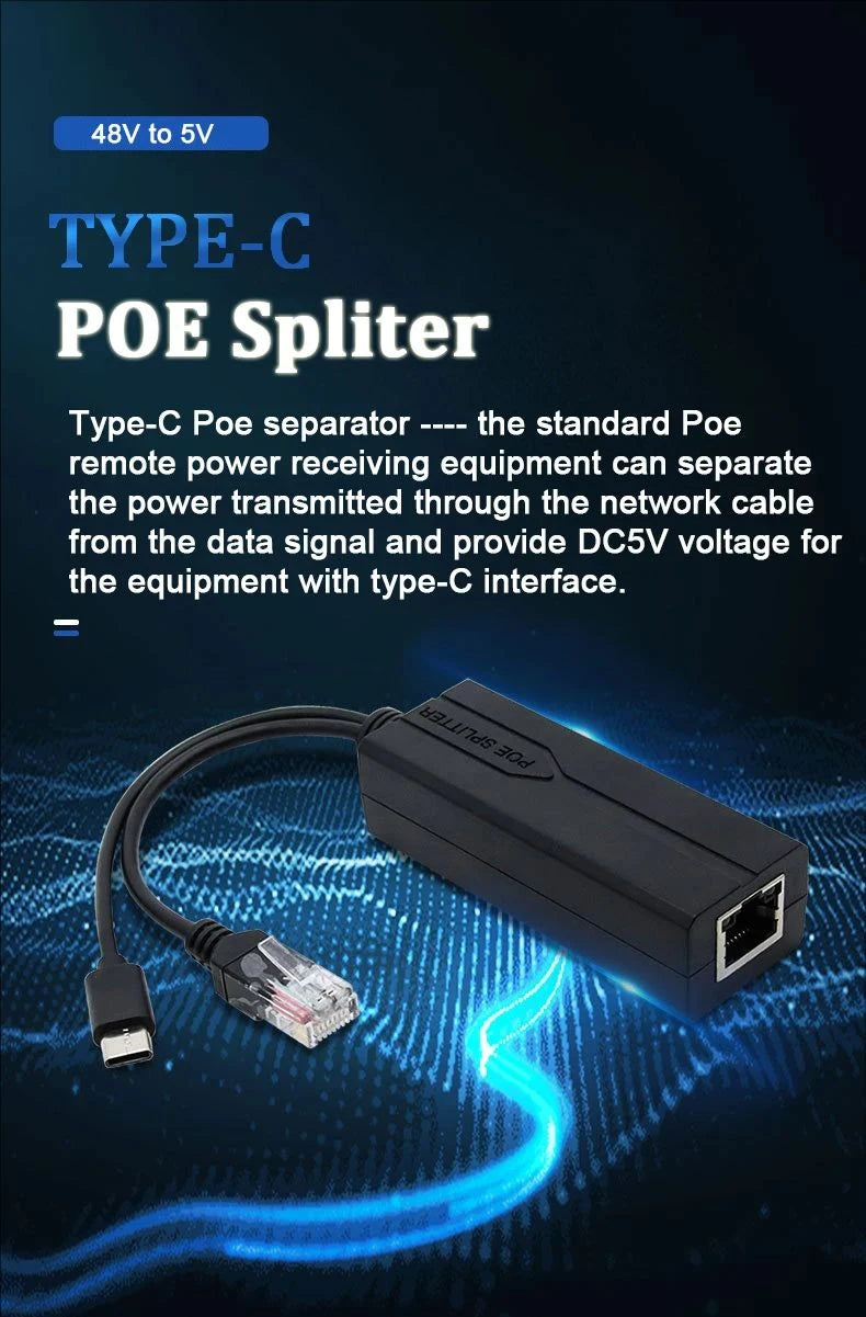 POE Splitter 48V to 5V Micro USB tpye-C 100Mbps and1000Mbps Gigabit POE Camera Injector Power Supply for Huawei Hikvision