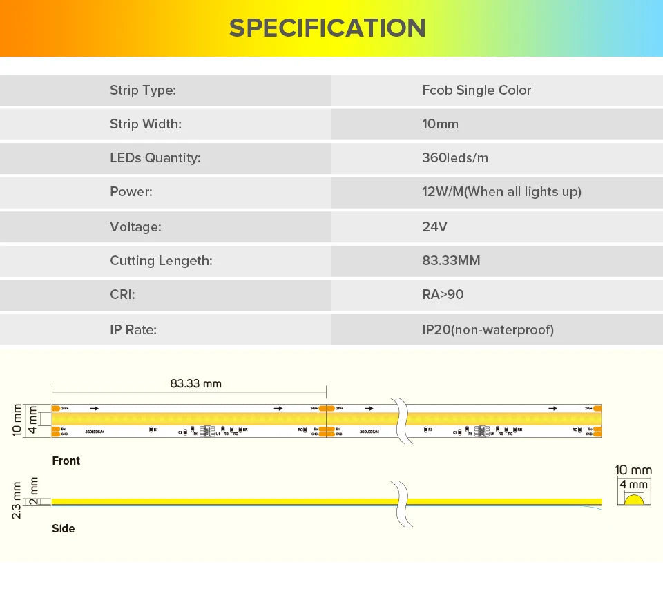 FCOB SPI DIM IC LED Light Strip Addressable 360LEDs 10mm 24V 60W High Density Flexible FOB COB Led Lights RA90 3000K 4000K 6000K