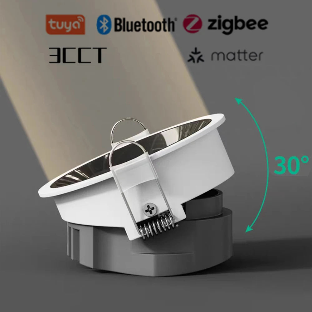 3CCT Tuya Bluetooth/Zigbee Matter Recessed Smart LED COB Spotlight Ultra Thin Anti-glare High CRI 95 Aluminum Ceiling Lamp