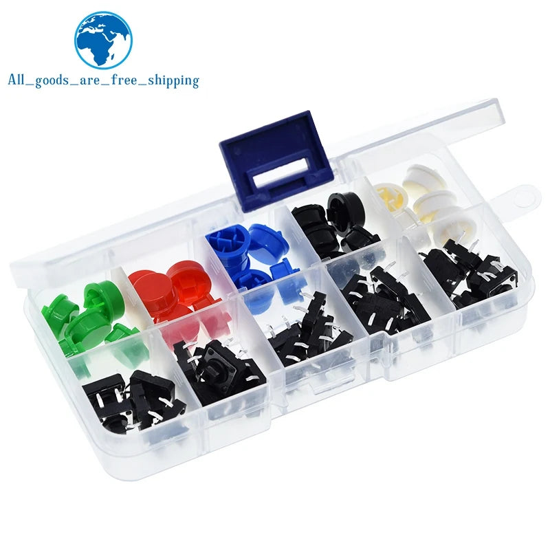 25PCS Tactile Push Button Switch Momentary TZT 12*12*7.3MM Micro switch button + 25PCS Tact Cap(5 colors) for Arduino with Case