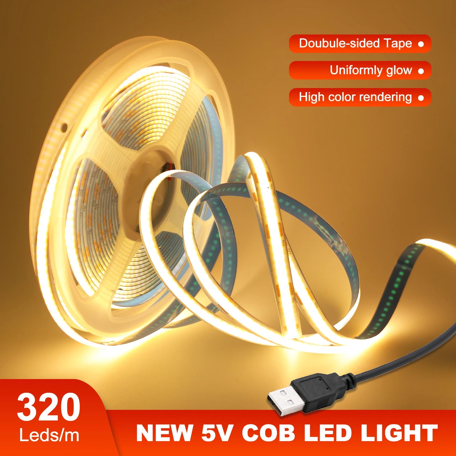 Super Bright USB DC5V COB Led Light Strip 320LED/m High Density Flexible Linear Lighting Warm/Natural/White 50cm 1m 2m 3m 4m 5m