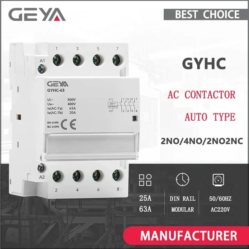 GEYA Modular AC Contactor 2P 4P 25A 63A 2NO or 4NO or 2NC2NO 220V/230V 50/60HZ Din Rail Household Contactor Auto Type