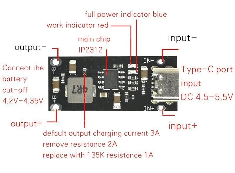 XZG Type C USB Input High Current 3A Polymer Ternary Lithium Battery Quick Fast Charging Board IP2312 CC/CV Mode 5V To 4.2V 1-20