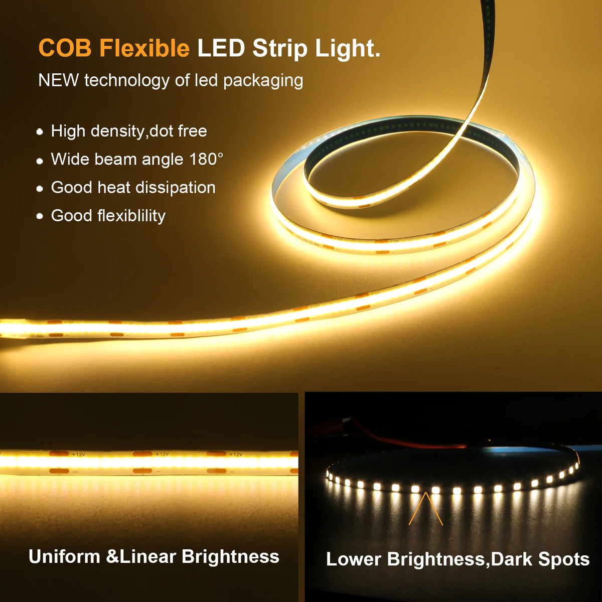 DC 12V 24V COB Strip 320Leds/M High Density RA90 White Pink Yellow Ice Blue Red Green Flexible Ribbon Rope LED Light