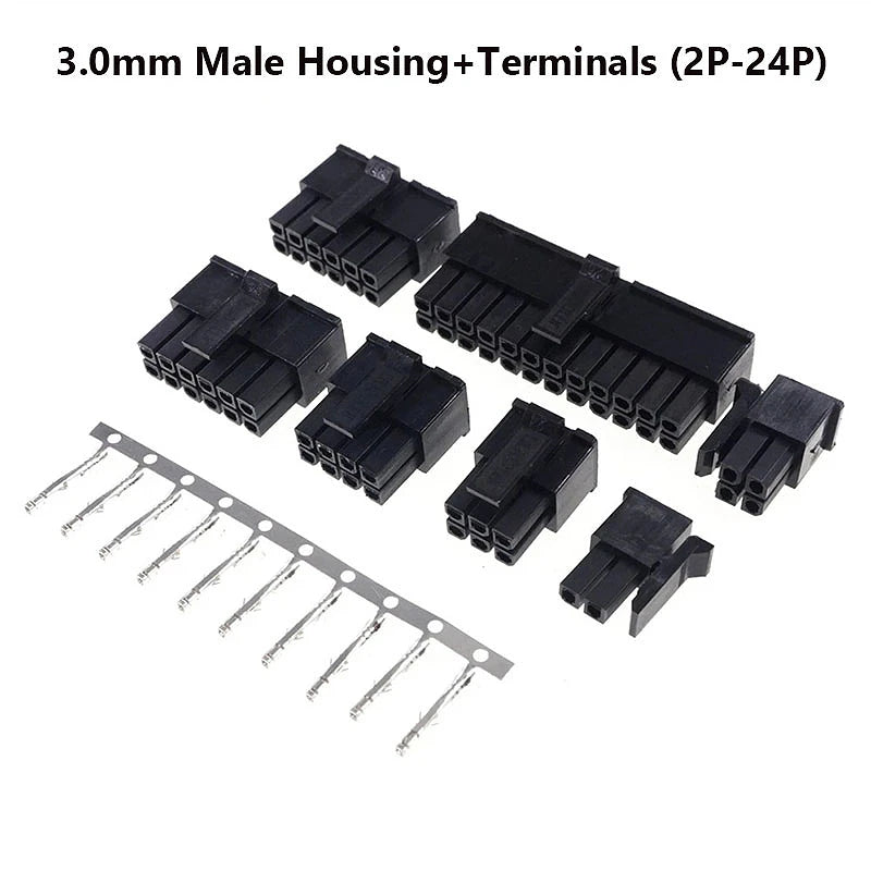 10sets Micro-Fit 3.0 Connector Receptacle Housing 2 4 6 8 10 12 14 16 18 24 Pin 3.0mm Male Housing + Crimp Terminal Molex 43025