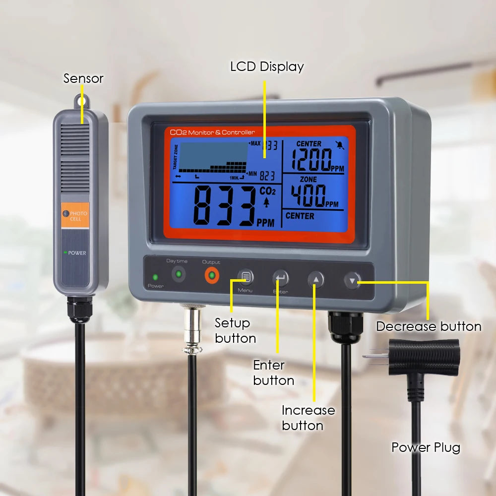 Digital CO2 Carbon Dioxide Monitor Controller Sensor W/ Relay Function NDIR Sensing Probe For Greenhouse Mushroom Farm