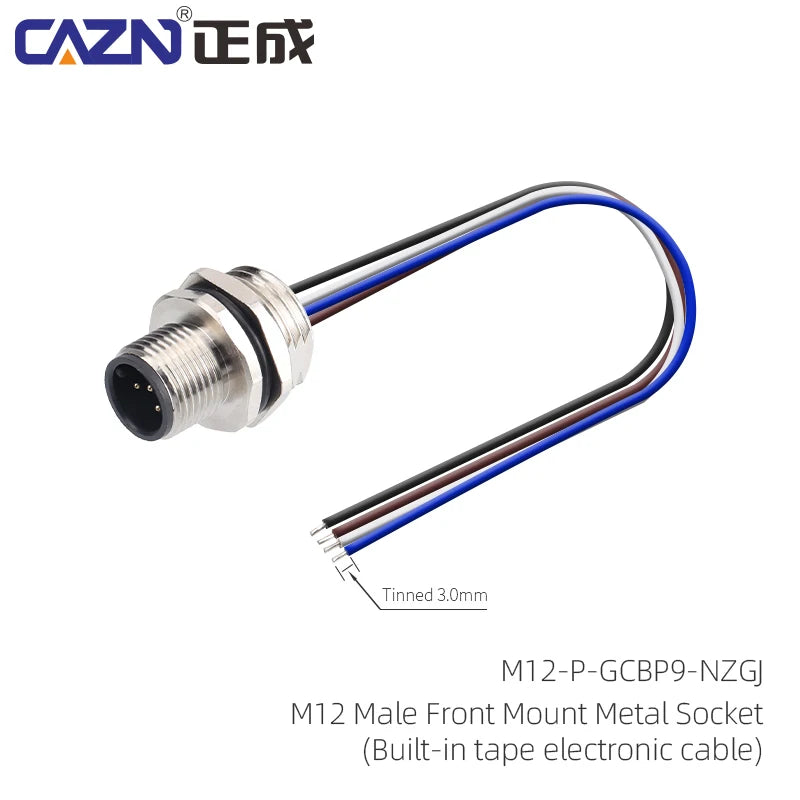 M12 Panel Male Female  Metal Front Mount Socket Solder 4 6 8 12 Pin Receptacle Straight Circular Connectors With 30cm Wires