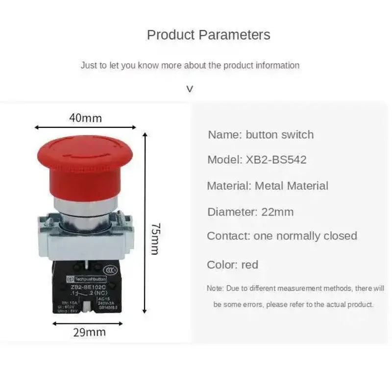 10A 22mm Mushroom Red Round Head Power Emergency Stop Push Button Switch 1NC Normally Close XB2-BS542