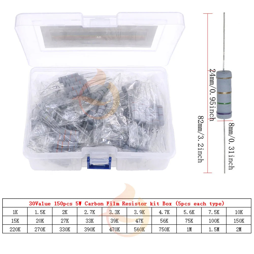 1/8W 1/4W 1/2W 1W 2W 3W 5W  5% 0 Ohm-10m ohm Carbon Film Resistor Assorted Kit With box 1K 2K 5.1K 10K 47K 100K 220K 470K 3M 10M