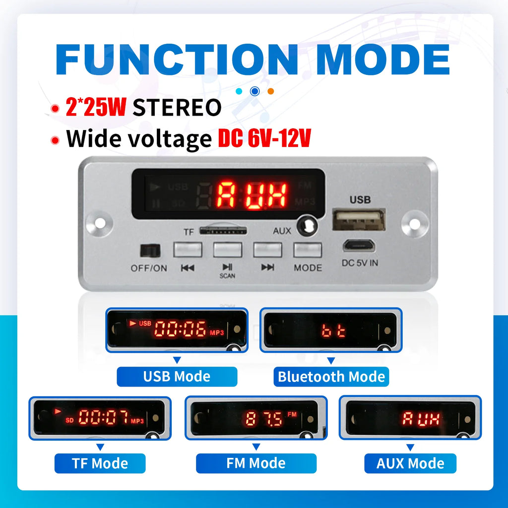 50W Amplifier Bluetooth 5.0 MP3 Decoder Board 12V Wireless Music Player Audio Modul USB TF AUX FM Radio for Speaker Handsfree