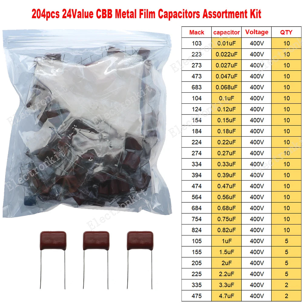 CBB Metal Film Capacitors Assortment Kit 100V 400V 630V 1000V 104 223 103 473 224 334 474 10nF 22nF 33nF 47nF 100nF 220nF 470nF