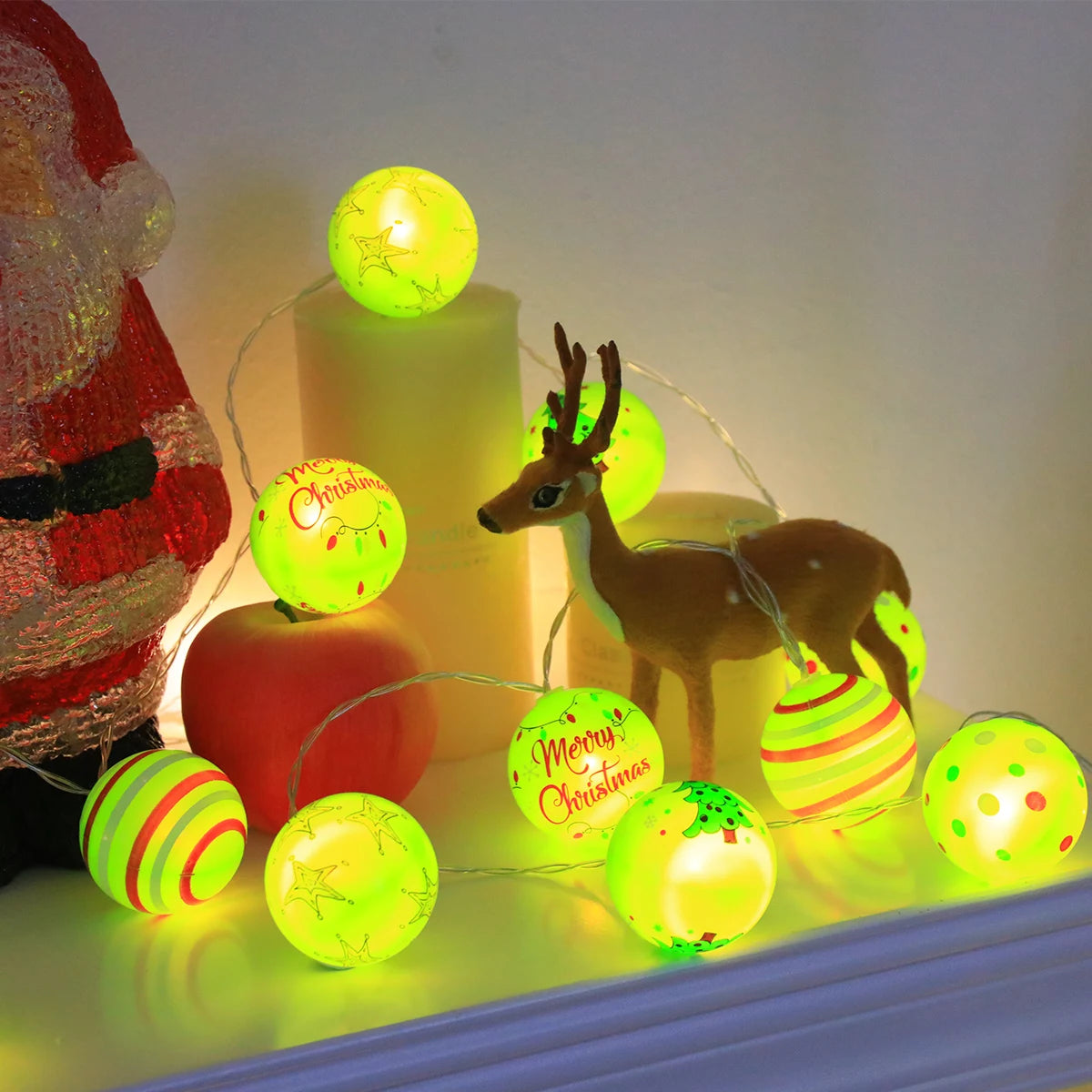 Luminous Xmas Bauble Fairy String Lights, Multipattern Printed Christmas Ball LED Garland, Whimsical Neon Tone Festive Lighting