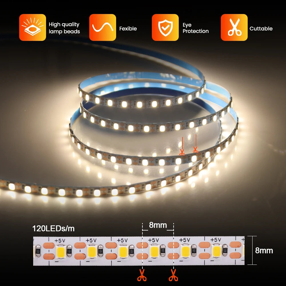 3MM 5MM 8MM Width DC 5V LED Strip 2835 120LEDs/m 1 LED Per Cut Flexible Tape IP20 Not Waterproof Warm Natural Cool White 1M-5M