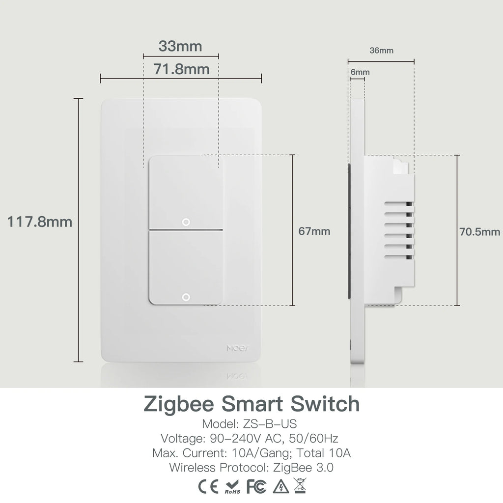MOES Tuya ZigBee US Smart Light Switch Push Button Wall Switch Neutral Wire/No Neutral Wire Required Work With Alexa Google Home