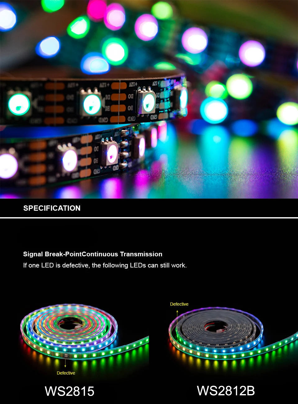 WS2815 DC12V WS2812B WS2813 LED Strip Light RGB Individually Addressable LED Lights Dual Signal 30 60 100 144 LEDs IP30 65 67