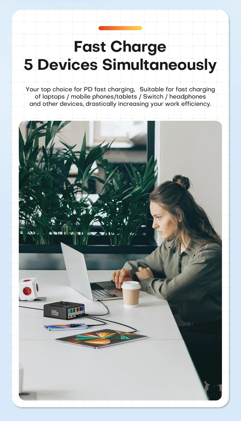 260W USB C GaN Charger, Desktop Wireless Charger PD3.1 140W 100W Fast Charging Station, Power for MacBook Pro iPhone 15 Samsung